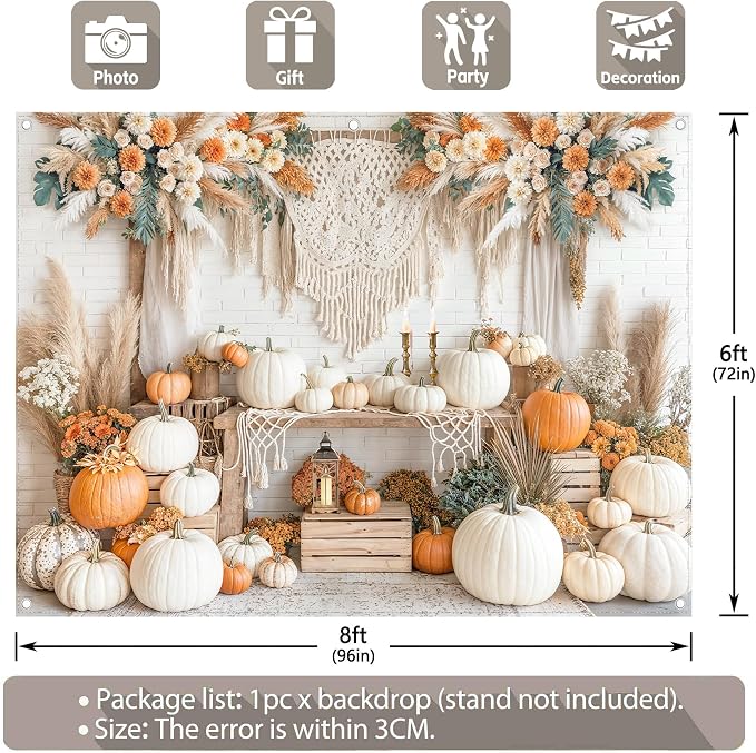 Fabric 8x6ft Autumn Boho Pumpkin Backdrop Fall Harvest Banner | Thanksgiving Day Floral Photography Background, Family Girl Women Party Decorations, Wedding Baby Shower Photo Props - Image 3