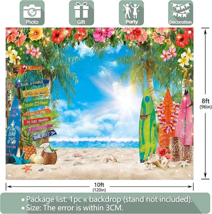 10x8ft Summer Hawaiian Beach Photography Tropical Luau Backdrop | Flower Palm Leaves Background, Aloha Party Supplies, Surfboard Banner, Holiday Photo Booth, Polyester, Grommets, 1PC - Image 4
