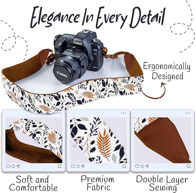 Art Tribute Camera Strap - Shoulder, Crossbody & Neck Camera Strap for Photographers, Fits All Cameras, Canon Nikon Sony Fujifilm, Padded Strap W/Quick Release, Embroidered Cotton & Leather Ends - Image 3