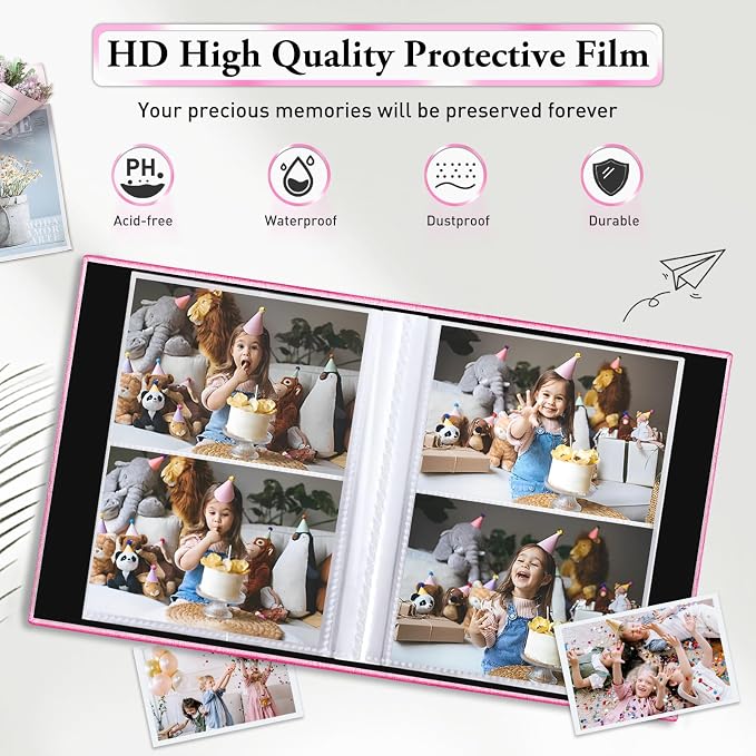 Photo Album 4x6,Linen Cover Slide-in Photo Album Book Can Holds 200 4x6 Photos with 50 Black Sheets for Baby Family Pictures Artwork or Postcards Storage (Pink) - Image 4