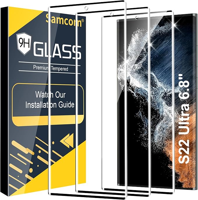 Samcorn 3 Pack Galaxy S22 Ultra Screen Protector, HD Clear Tempered Glass, Fingerprint Unlock, 3D Curved, Scratch Resistant, No Bubble for Samsung Galaxy S22 Ultra 5G Glass Screen Protector by Unknown