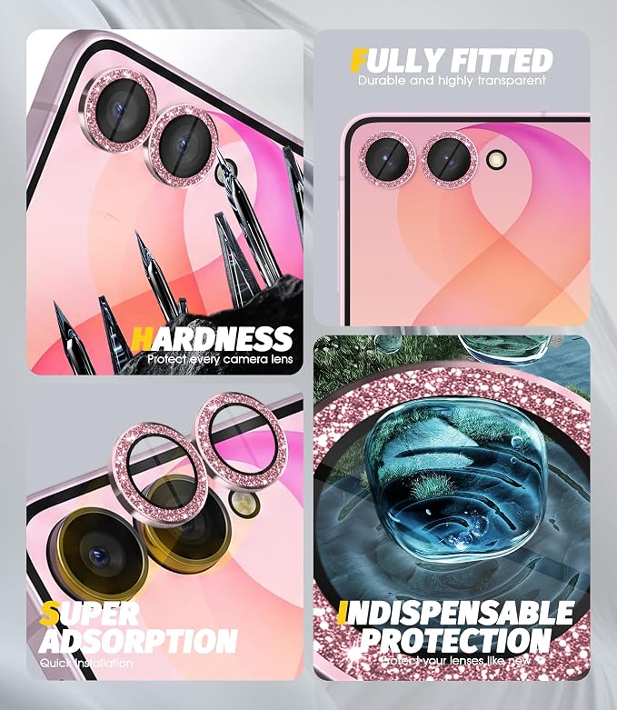 Orzero (2 Sets) Camera Lens Protector for Samsung Galaxy Z Flip 8/Flip 7, [EZ Install] [Case-Friendly] 9H Tempered Glass Bling Lens Cover Accessories, Military-Grade Shockproof, HD Clarity Anti-Glare - Glitter Pink - Image 6