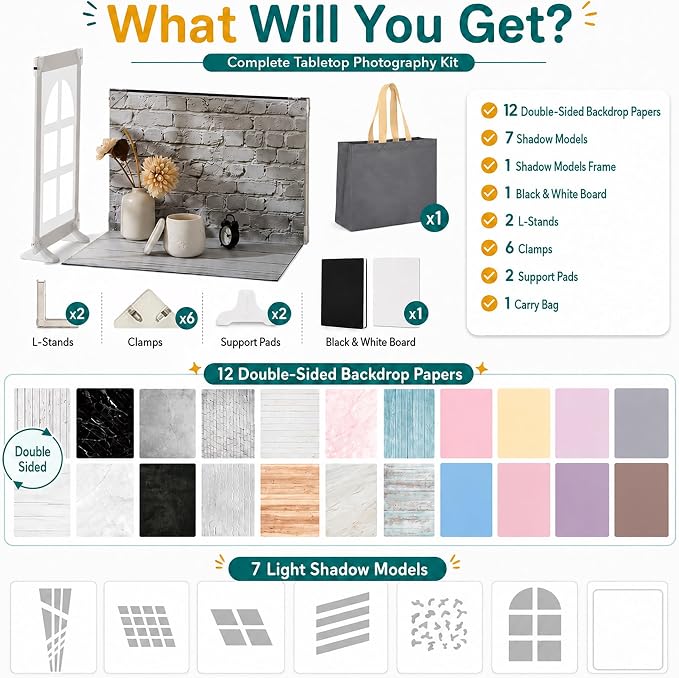 Product Photography Backdrop Kit with 7 Shadow Boards, Tabletop Photo Backdrop Board, 12 Double-Sided Background Papers, Food Photography Backdrops for Jewelry, Cosmetics, Skincare & Small Products - Image 3