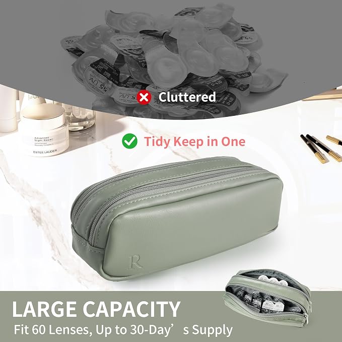 Portable Daily Contact Lens Case Organizer, Traveling Contact Cases Bag with Clearly Labeled R & L, Water-Resistant Disposable Contact Lens Dispenser, Storage up to 60 lenses(Green) - Image 5