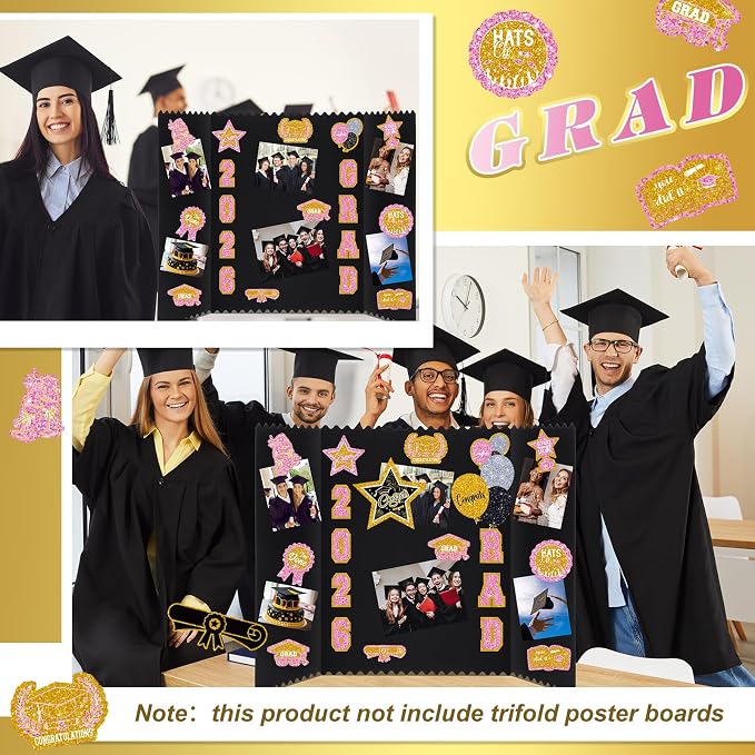Glenmal 14 Sheets Graduation Photo Display Board Sticker Class of 2026 Pink Gold Picture Display Stickers Accessories for 2026 Grad Party College Board Photo Frame Decor (12x10inch, 8.3x8.3inch) - Image 6
