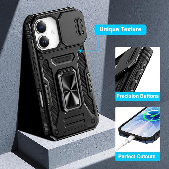 VEGO for iPhone 17 Case with Privacy Screen Protector and Stand Black | Slide Camera Cover & Ring Kickstand Military Grade Heavy Duty Protection Cover for iPhone 17 5G 6.3 Inch - Black - Image 7