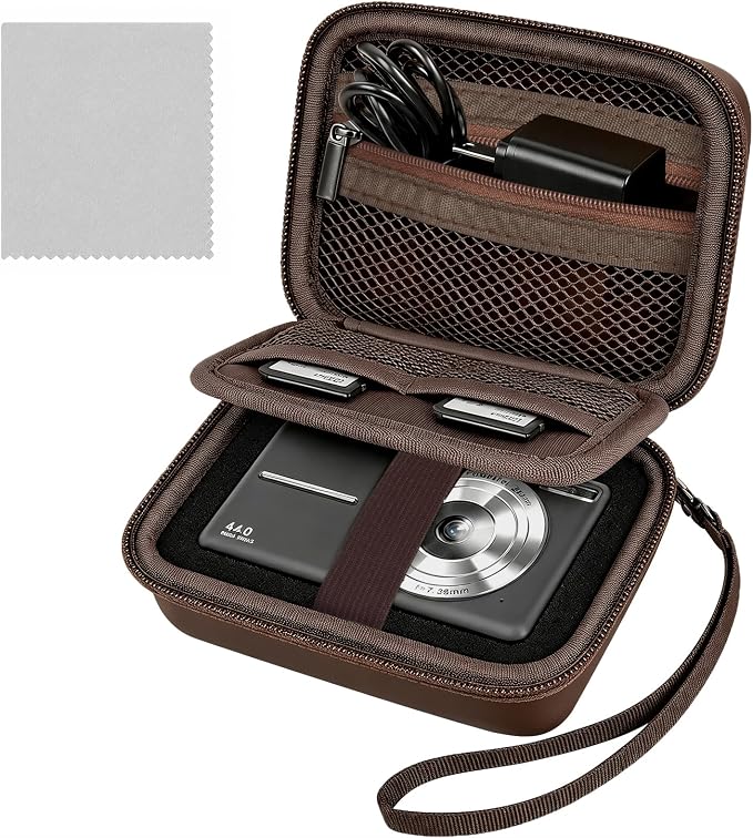 Comecase Camera Case for Kodak PIXPRO FZ55/FZ45, Coffee Brown | Hard EVA Shell, Padded Divider and 2 SD Card Slots Organize a Compact Camera, Charger and Cable for Travel, Case Only by COMECASE