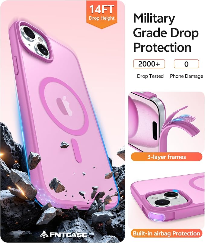 FNTCASE for iPhone 15/14/13 Case, Fit for Magsafe, Glass Screen Protector | Translucent Matte, Magnetic Phone Cases, 14FT Military Grade Drop Protection, Slim Shockproof Protective Cover, Pink - Image 5
