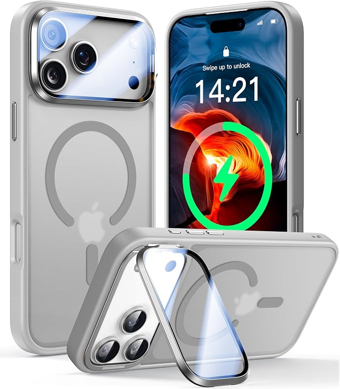 VOFATA [Upgraded Full Camera Protection] for iPhone 17 Pro Max Case with Camera Cover Stand [Fit for MagSafe][10FT Mil-Grade Protection] Translucent Magnetic iPhone 17 Pro Max Phone Case, Grey by VOFATA
