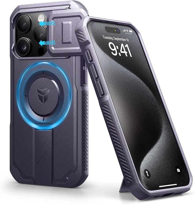 Dexnor for iPhone 15 Pro Case with Slide Camera Cover & Adjustable Kickstand, Compatible with MagSafe, Rugged Shockproof Bumper Cases Heavy-Duty Magnetic Protective Cover,6.1 inch,Phantom Purple by Dexnor