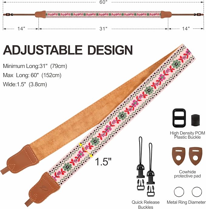 Padwa Lifestyle Embroidered Floral Camera Strap - 1.5" Crazy Horse Cowhide Ends Camera Straps for Photographers, Cute Cotton Weave Soft Suede Fabric Padded Strap fits All Cameras for Adults & Kids - Image 6