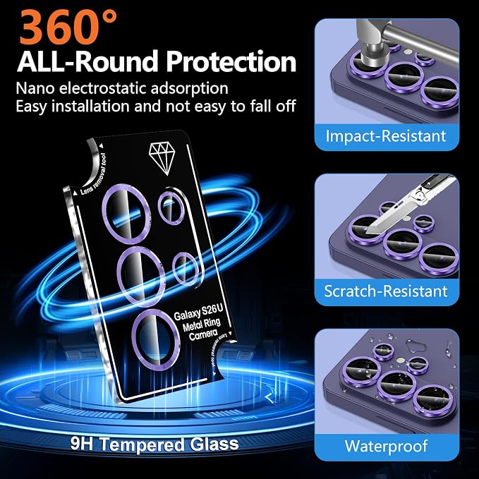 for Samsung Galaxy S26 Ultra Camera Lens Protector, Individual Metal Ring Tempered Glass Lens Cover, [Strong Adsorption] Scratch Resistant Ultra-Thin HD Clear Lens Cover, 1 Set-Purple - Image 2