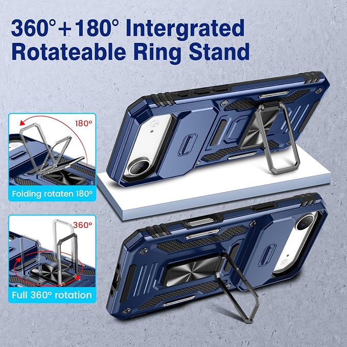 VEGO for iPhone Air Case with Stand and Slide Camera Cover Blue | Privacy Tempered Glass Screen Protector & Ring Kickstand Military Grade Heavy Duty Protection Cover for iPhone 17Air - Blue - Image 4