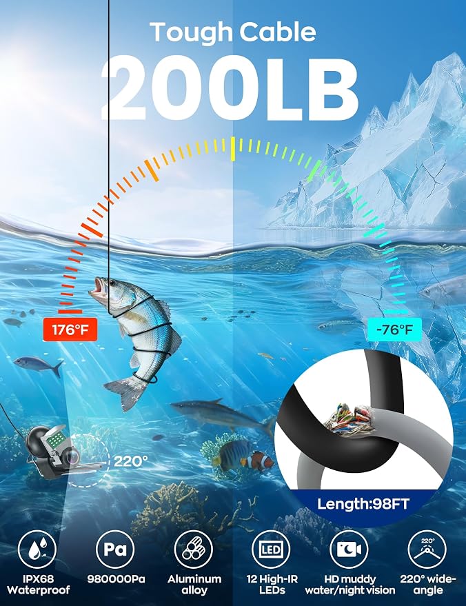 Underwater Fishing Camera,1080P Portable Fish Finder with 5" Waterproof IPS Screen,220° Ultra-Wide Ice Fishing Camera with 12 IR LED Night Vision,10000mAh Battery&100FT Cable for Boat, Lake & Kayak - Image 6