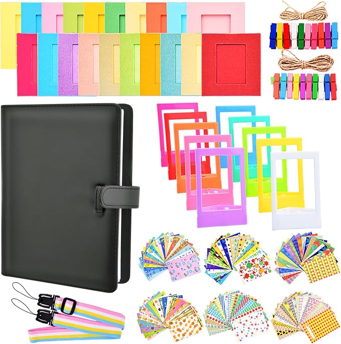 Sunmns Accessories Bundle Kit Compatible with Fujifilm Instax Mini 13 12 11 9 8 90 70 Instant Camera, Include Album, Film Stickers, Photo Frames, Hanging Frame, Strap (Black) by Sunmns