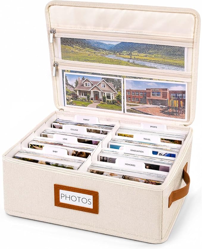 FANGSUN Photo Storage Box, Photo Organizer for 2000 4x6 Pictures, Memory | Linen Fabric, 8 Inner Cases, 23 Labels & 30 Divider Cards, Foldable & Lightweight, with Handle, Wedding & Family Keepsake Box by FANGSUN