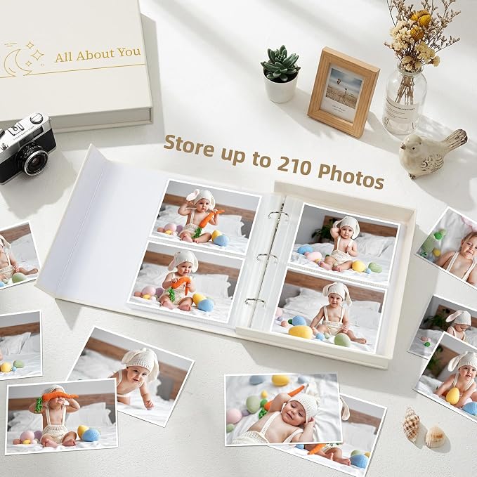 4x6 Photo Storage Box with 3-Ring Slip-In Binder Album, Linen Organizer with Gold Foil Cover, Holds 210 Photos for Travel, Wedding & Memory Keeping, Beige - Image 5