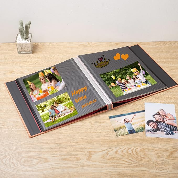 Photo Album Self Adhesive Scrapbook 3x5 4x6 5x7 6x8 Magnetic Album DIY Scrap Book 11x10.6 Inch 40 Black Sticky Pages Linen Cover DIY Photo Album(Orange) - Image 2