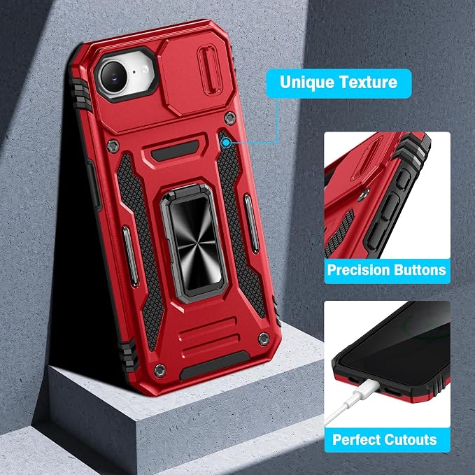 VEGO for iPhone 17e/ iPhone 16e Case with Slide Camera Cover and Stand Red | Privacy Screen Protector & Ring Kickstand Military Grade Heavy Duty Protection Cover for iPhone 17e 5G - Red - Image 7