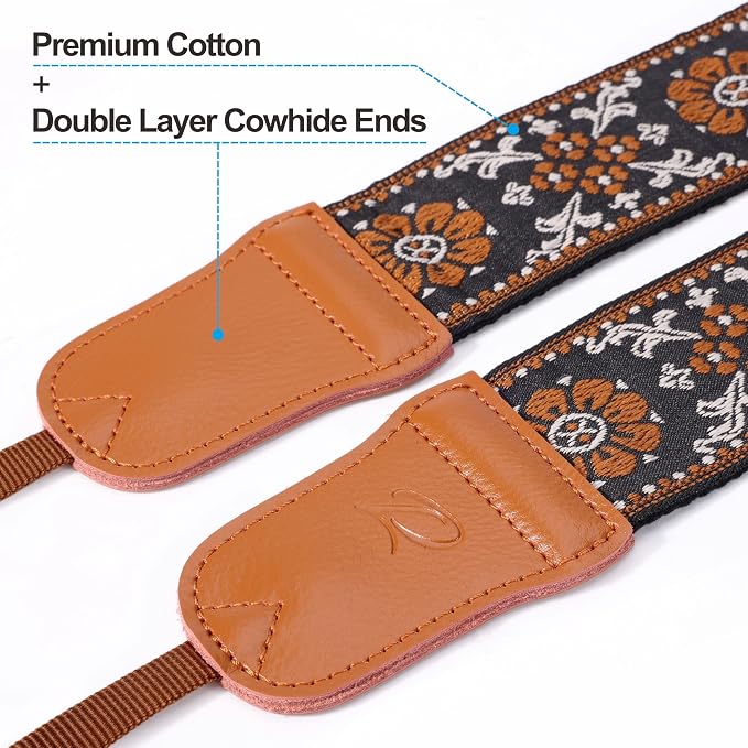 Padwa Lifestyle Brown Flower Camera Strap - 2" Wide Double Layer Cowhide Head Cotton Strap,Vintage Jacquard Embroidery Universal Neck & Shoulder Camera Straps for Photographers and All DSLR Cameras - Image 2