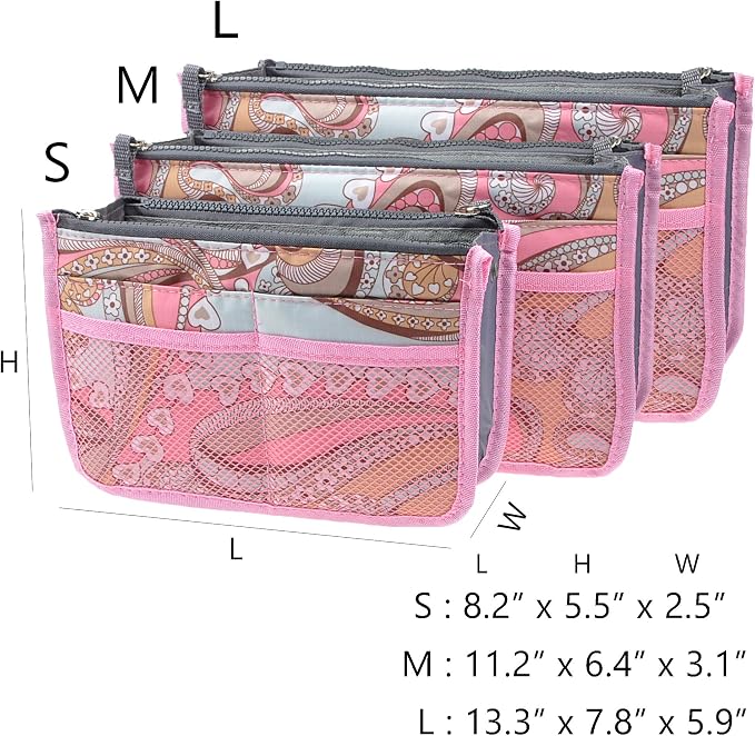 Vercord Purse Organizer Insert for Handbags Bag Organizers Inside Tote Pocketbook Women Nurse Nylon 13 Pockets Pink Flowers Large - Image 3
