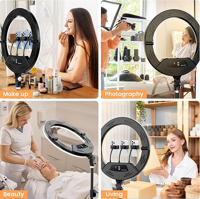 18" Foldable Ring Light with Stand for iPhone ipad, LED Display/2 USB Ports/4 Phone Tablet Holders, 2700-6500K Dimmable Ring Light for Tattoo Barber Makeup Studio Video Recording Photography - Image 5