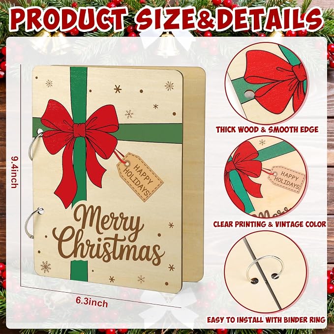 Wooden Christmas Card Keeper Binder Merry Christmas Greeting Card Holder with Rings Xmas Holiday Post Cards Organizer Wood Memories Book for Storage Keepsake Album Photo Notes Gift Winter Past Notes - Image 2