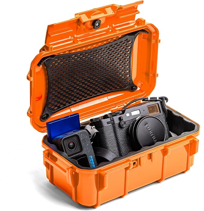 Evergreen Dry Box Tech Organizer – For Camera, Cables, Hard Drives, Memory Cards, Keys, Compatible with GoPro, Airtags (Large, Rubber Boot, Orange) by EvergreenCases