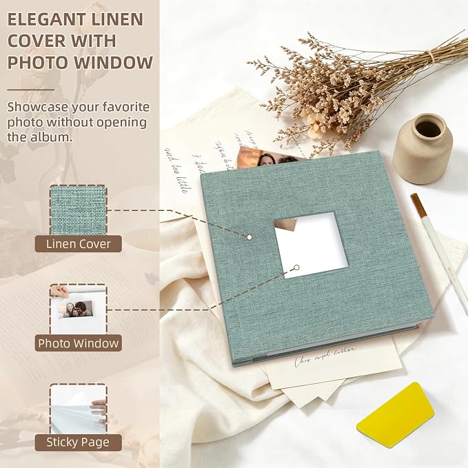 Popotop Photo Album Self Adhesive with Picture Display Window,40 Pages DIY Scrapbooking Supplies Kit for 4x6 8x10 Picture,Linen Cover Memory Book for Baby Wedding, with Scraper and Metallic Pen - Image 3