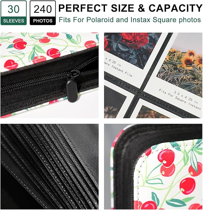Large Polaroid Photo Album Binder, 240 Pockets. Cherry Print | Fits Polaroid i-Type, 600, SX-70 and Instax Wide 3.5x4.25 films. Acid-free pages protect photos for long-term storage. - Image 4