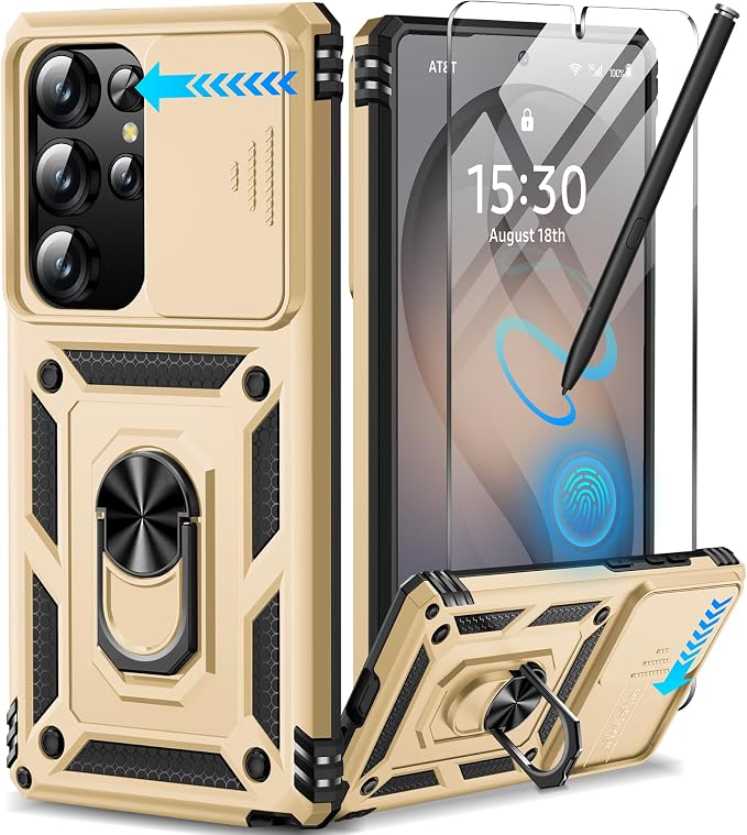 Taisairu for Samsung Galaxy S26 Ultra Case with Screen Protector & Slide Camera Lens Cover, Built-in Ring Stand Shockproof Protective Phone Case for Samsung S26 Ultra Case (Gold) by Taisairu