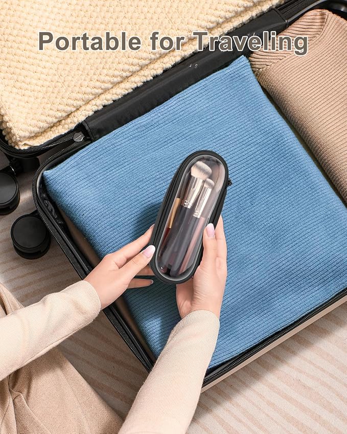 Soimeat Clear Travel Makeup Brush Holder, Leather Makeup Brush Toiletry Bag, Portable Cosmetic Brush Case, Transparent Waterproof Makeup Brush Storage Bag, Black, Large - Image 6