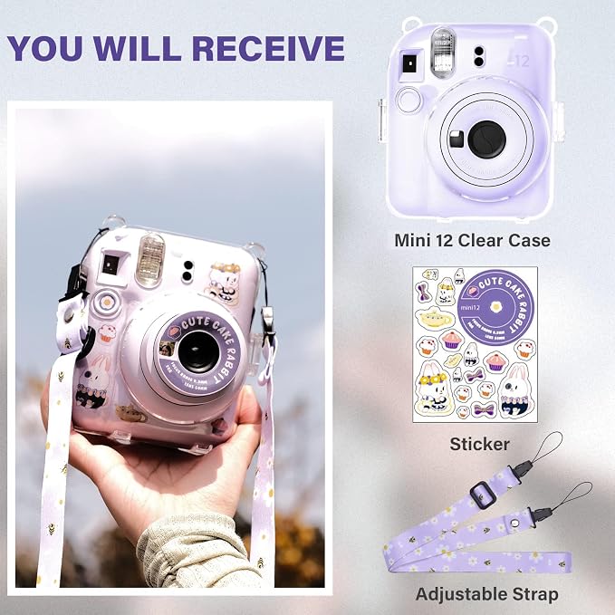 Rieibi Clear Case Compatible with Fuji Instax Mini 12, Carrying Case Bag for Fujifilm Instax Mini 12 Instant Camera with Photo Storage Pocket, Strap and Cute Sticker - Purple - Image 5