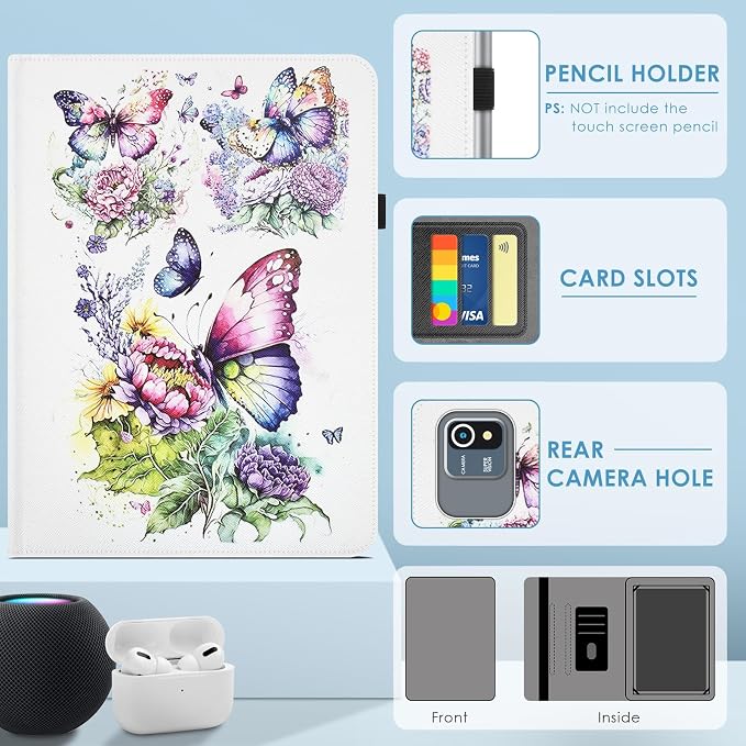 DETUOSI Universal 10.1 inch Tablet Case,Scratch Resistant | For ECOPAD ‎TH-KK12C,URAO X109,Aiprotablet C20e,Folio Leather Protective Cover,2-Angle Viewing Stand,3 Card Slots,Butterfly - Image 3
