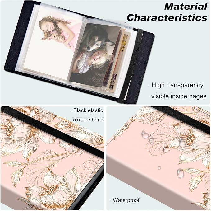 Small Photo Album 4x6, 60 Pockets Holds 120 Photos, Slip-in Pocket Photo Album with Black Elastic Band for Family Wedding Baby Travel Pictures, Pink And Gold Lotus Flower - Image 5