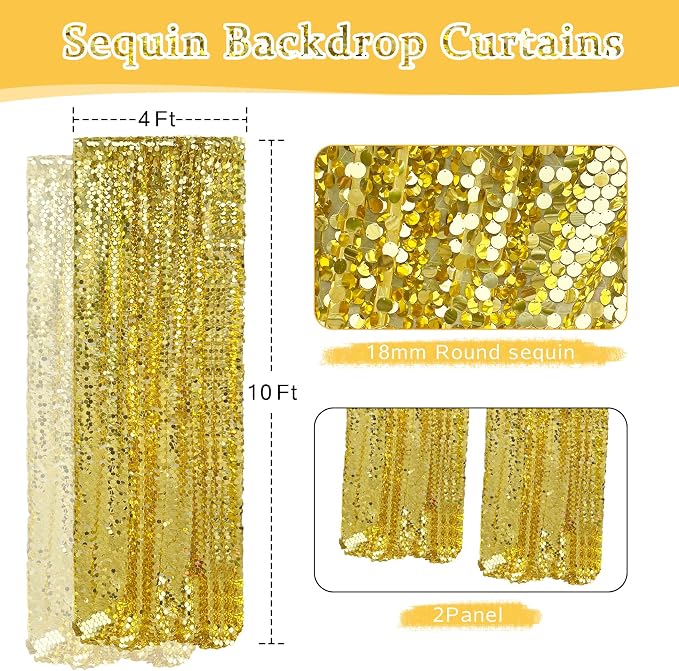 Gold Payette Sequin Backdrop, 4x10 Feet, 2 Panel Shimmer Large Sequin Backdrop Curtain for Decor, Parties, Home - Image 3
