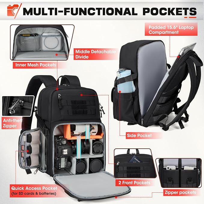 RAINSMORE Camera Backpack, DSLR/SLR/Mirrorless Camera Bag for Photographers | 15.6 Inch, Waterproof Tactical Photography Backpack Case, with Rain Cover & Tripod Holder - Image 2