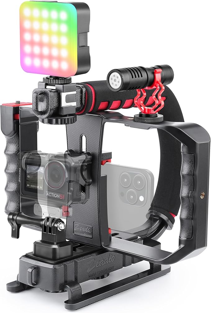 Zeadio Smartphone Camera Stabilizer, All-in-One Video Rig Kit with Phone Cage, RGB Video Light, Microphone, Action Camera Adapter, Compatible with Smartphones, Action Camera, DSLR, Cameras etc by Zeadio