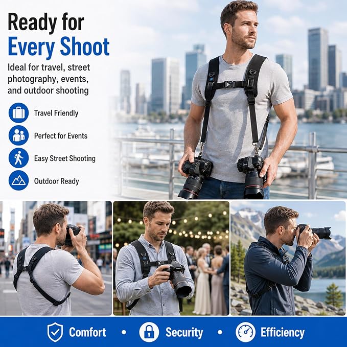 PULUZ Dual Camera Shoulder Harness for DSLR SLR Cameras with Quick Release | Double Camera Tether Strap, Soft Pad Decompression Strap Belt With 1/4 inch Screw - Image 9
