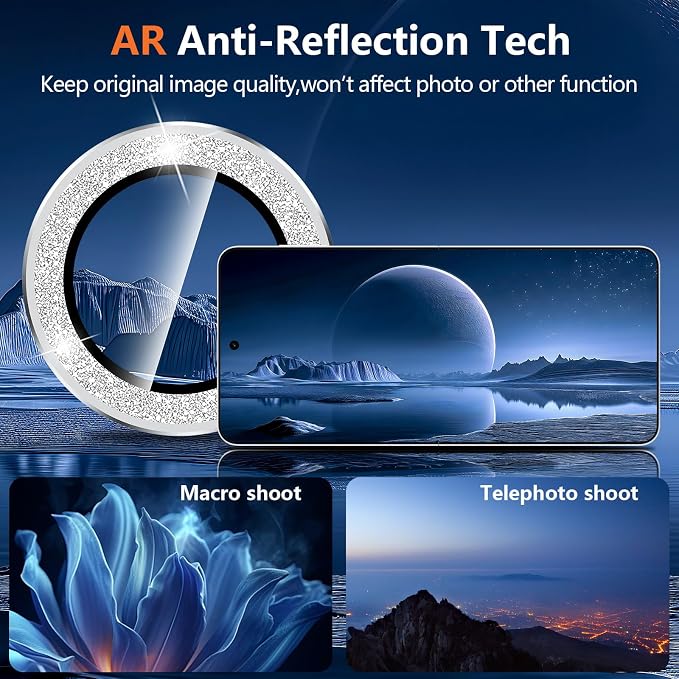 for Samsung Galaxy Z Flip 8 Camera Lens Protector, Individual Metal Ring Tempered Glass Lens Cover, [Strong Adsorption] Scratch Resistant Ultra-Thin HD Clear Lens Cover, 1 Set-Silvery Sparkly - Image 3