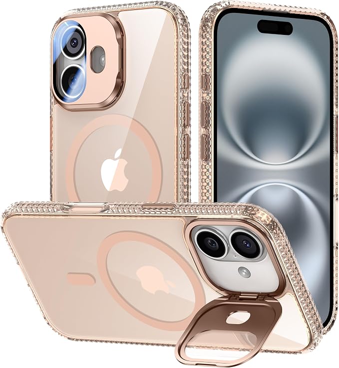 VOFATA [Upgraded] for iPhone 16 Case with Camera Cover Stand [Fit for MagSafe][9H Camera Lens Protector] Mil-Grade Protection Transparent Magnetic iPhone 16 Phone Case, Clear Gold by VOFATA