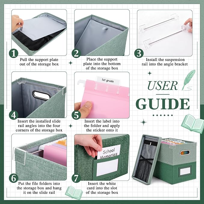 1 Set School Memory Box Organizer, School Keepsake Organizer K-12,Green | with 15 Hanging File Folders, 4 Labels, 3 Sticker, Mesh-Pocket Lid, for Letter/A4, Report Cards, Photos, Awards, File Keeper - Image 3