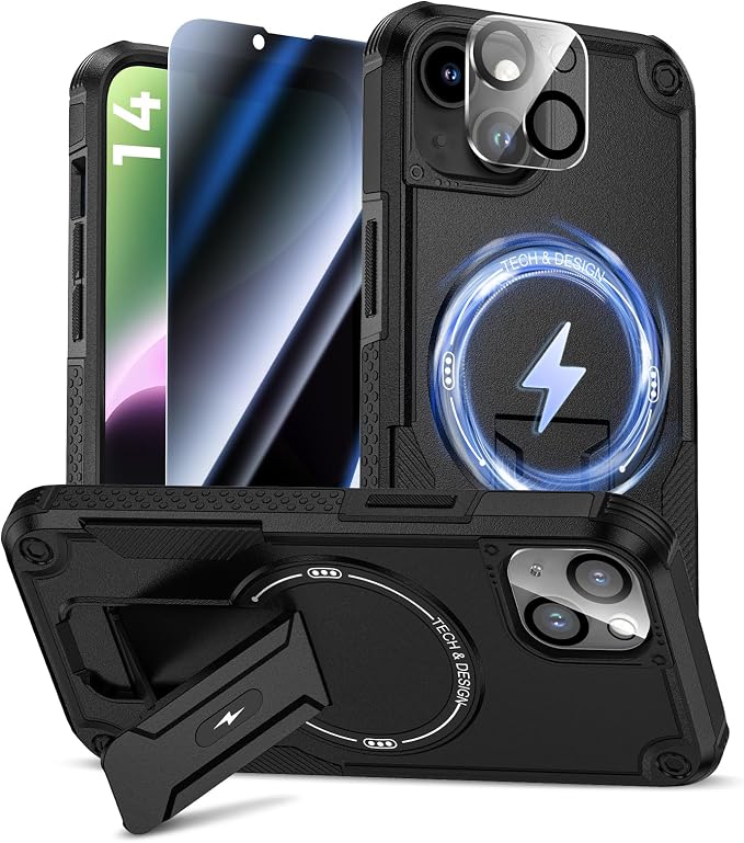 Goton 3 in 1 for iPhone 14 Case with Privacy Screen Protector Black | Glass Camera Lens Protector,Compatible for MagSafe,Invisible Kickstand, Shockproof Phone Cover for iPhone14 by Goton