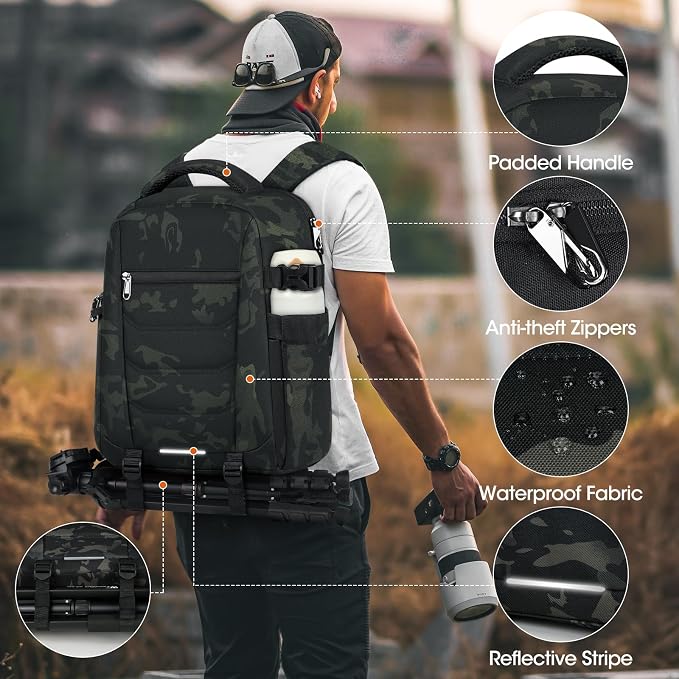 SDYSM Camera Bag Backpack Professional for DSLR SLR Mirrorless Camera | 14 Inch Waterproof Camera Laptop Backpack with Rain Cover Anti Theft Travel Case Large Photography Backpack, Camouflage - Image 6