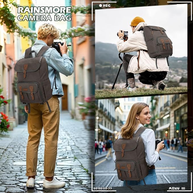 RAINSMORE Camera Backpack, DSLR SLR Mirrorless Camera Bag for Photographer | 15.6 Inch Vintage Canvas Camera Case with Laptop Compartment & Tripod Holder & Rain Cover for Sony Canon Nikon Fujifilm Grey - Image 4