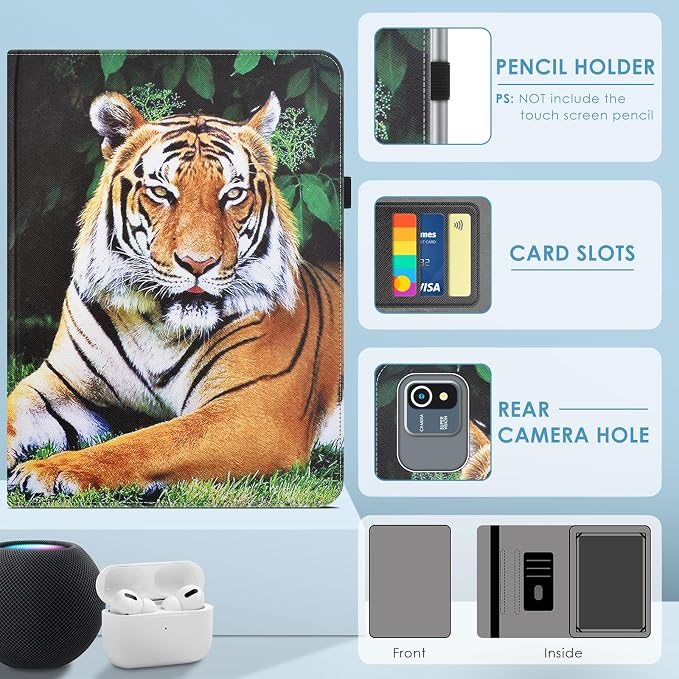 DETUOSI Universal 10.1 inch Tablet Case,Scratch Resistant | For ECOPAD ‎TH-KK12C,URAO X109,Aiprotablet C20e,Folio Leather Protective Cover,2-Angle Viewing Stand,3 Card Slots,Tiger - Image 3