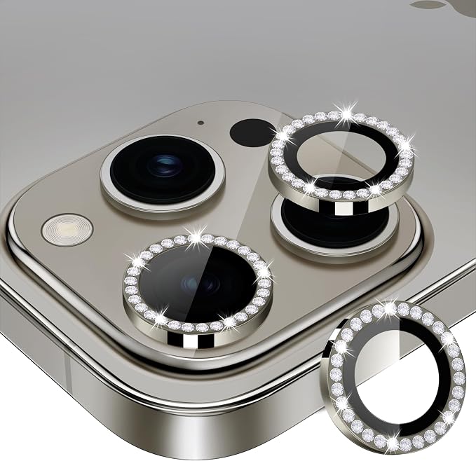 for iPhone 15 Pro/15 Pro Max Camera Lens Protector Diamond, Gray | Individual Metal, 9H Hardness, Scratch Resistant, Shockproof, Drop Protection, Case Friendly, Stylish Accessories by Xfilm