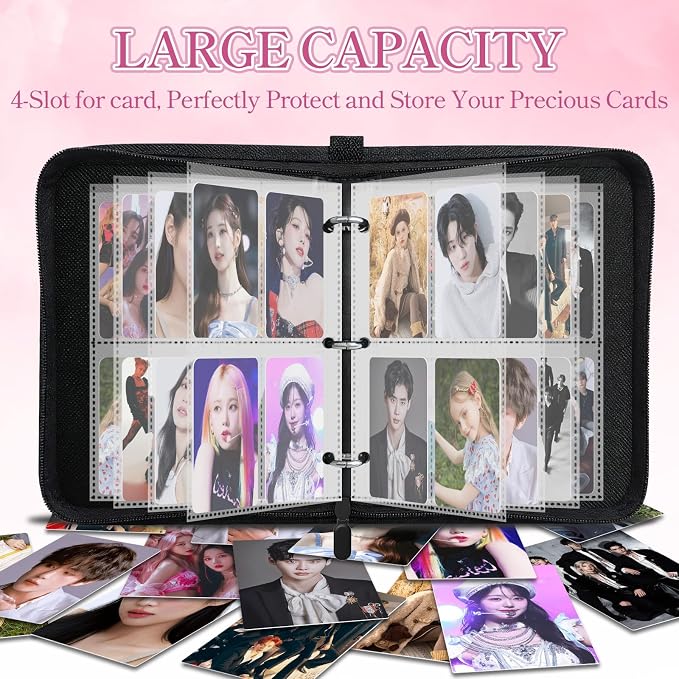 Zipper Seals Kpop Photocard Binder, A5 PU Leather Binder Card Collector Album for Fujifilm Instax Mini Camera, Polaroid Camera, Suitable for Lomo Cards, 50 Pack 4-Pocket(400 Photos/Card) - Image 5