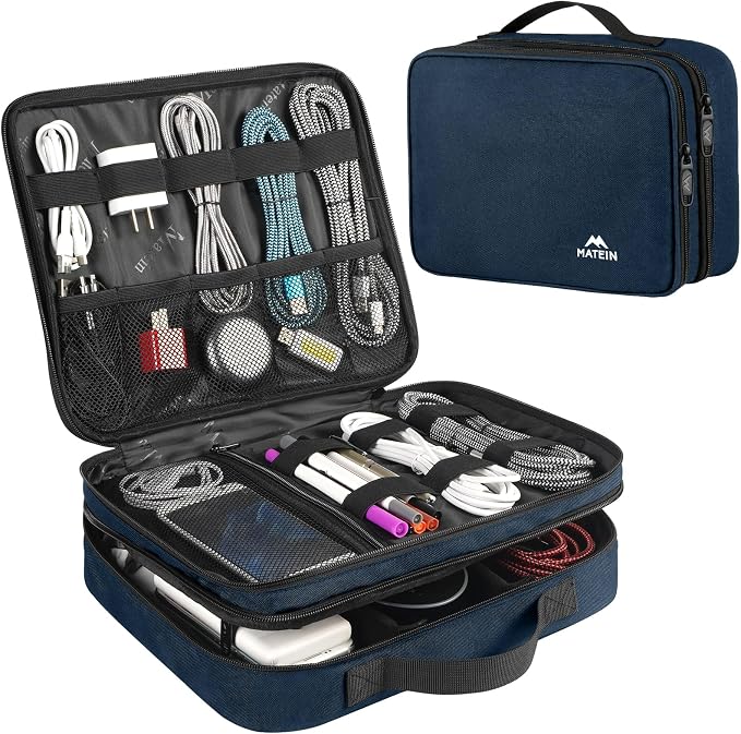 MATEIN Cord Organizer Travel for Men, Large Travel Accessories Changer Case | Portable, Double Layers Cable Organizer Box for Cables, Cell Phone and Tablet (Up to 12.9inch), Navy Blue, Tech Gifts by MATEIN