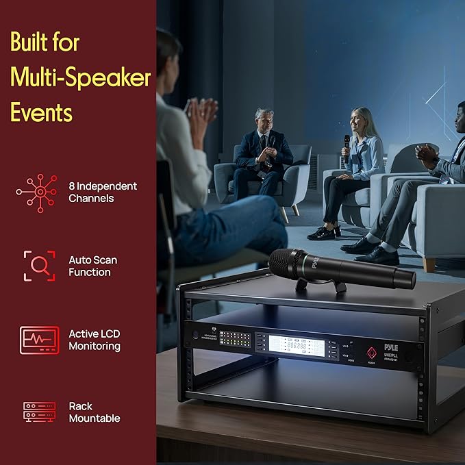 Pyle 8 Channel UHF Wireless Microphone System with 4 Handheld, 4 Lavalier & 4 Headset Microphones, 300 Ft Range & Rack Mount Receiver for Church, Conferences & Live Events - Image 3
